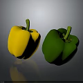Fresh Yellow and Green Bell Peppers on Gray Background with Reflection