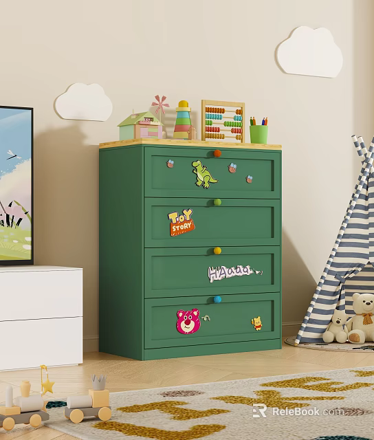 Green Kids Room Dresser With Cartoon Stickers Colorful Knobs And Toys Near Striped Teepee And Teddy Bear 3d model 