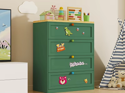 Green Kids Room Dresser With Cartoon Stickers Colorful Knobs And Toys Near Striped Teepee And Teddy Bear 3d model