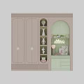 Modern Decorative Cabinet Featuring Light Pink Green Arched Design Round Handles And Shelves With Decorations