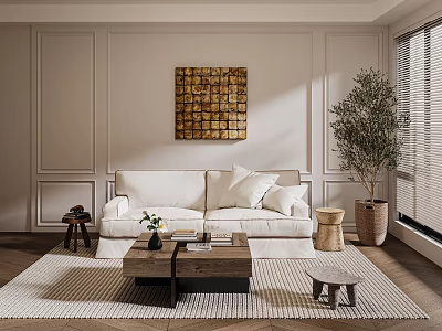 Modern Living Room Sofa Coffee Table Set With Throw Pillows Decorative Painting And Plant Rug 3d model