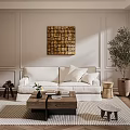 Modern Living Room Sofa Coffee Table Set With Throw Pillows Decorative Painting And Plant Rug