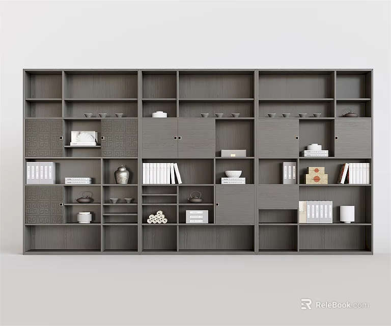 Modern Gray Bookshelf With Multiple Compartments Books Vases And Decorative Items 3d model