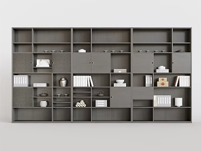Modern Gray Bookshelf With Multiple Compartments Books Vases And Decorative Items 3d model