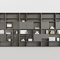Modern Gray Bookshelf With Multiple Compartments Books Vases And Decorative Items 3d model