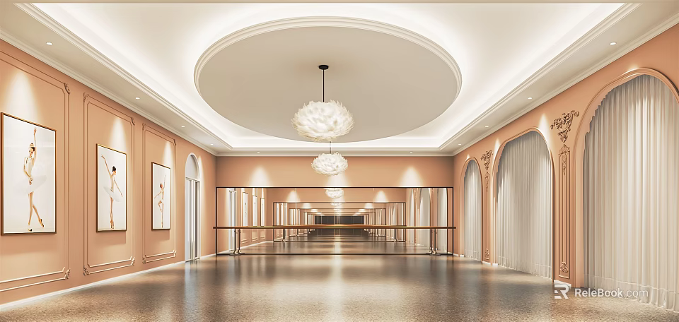 Spacious Fitness Studio With Pink Walls Arched Doors Mirror Walls Smooth Floors And Ballet Barres 3d model 