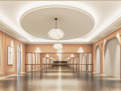 Spacious Fitness Studio With Pink Walls Arched Doors Mirror Walls Smooth Floors And Ballet Barres 3d model
