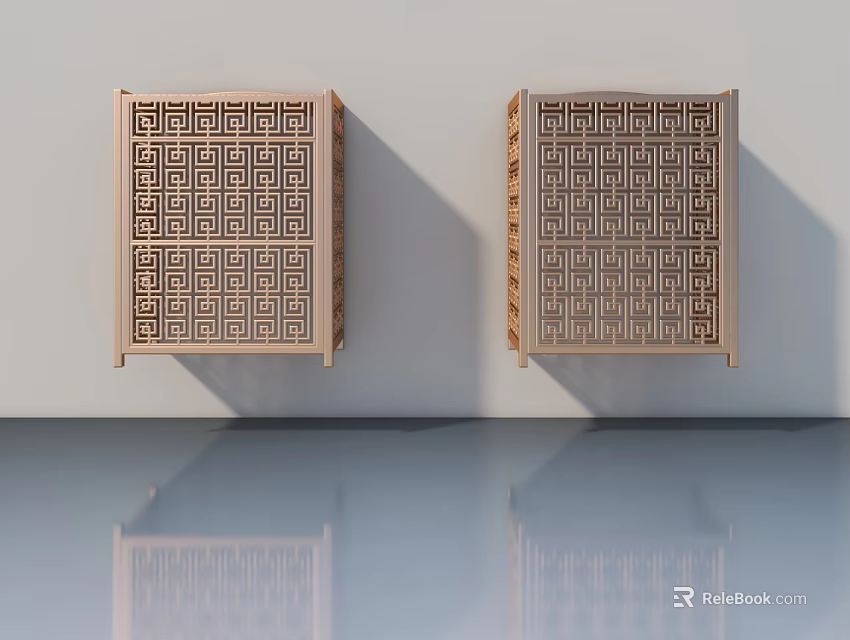 Wall Mounted Hinged Doors Featuring Geometric Lattice Design And Wooden Frame 3d model