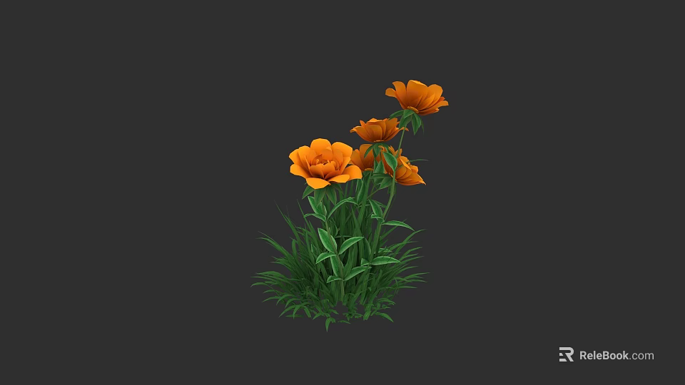 Vibrant Orange Flowers With Green Stems And Leaves On Dark Background 3d model 