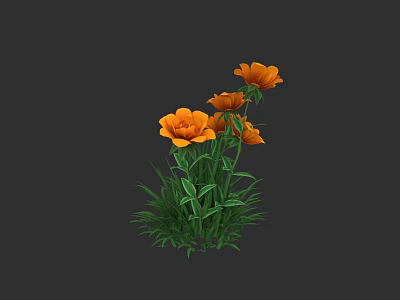 Vibrant Orange Flowers With Green Stems And Leaves On Dark Background 3d model