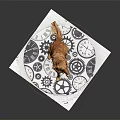 Golden Retriever Dog Sitting On Round Mat With Gear Patterns Against Black Background