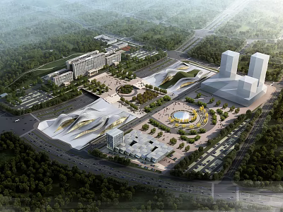 Aerial Planning of Modern Urban Architectural Layout With Open Plaza Green Spaces and Road Network 3d model