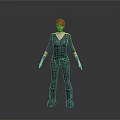 Woman with red hair wearing black top and yellow accents black pants and boots