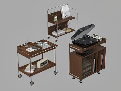 Mobile Side Carts With Wooden Tops Metal Frames And Multi Tier Storage Shelves 3d model