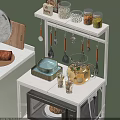 Practical Kitchen Shelf with Hanging Utensils Jars Plates and Lemon Water Pitcher