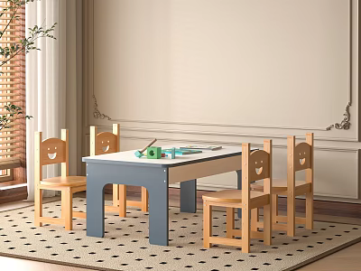 Kids Table with Blue White Top and Wooden Smile Design Chairs for Children Room 3d model