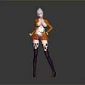 Anime Female Character With Silver Hair Orange Coat Plaid Skirt And Purple Thigh High Socks