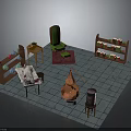Vintage Interior Workspace With Green Armchair Bookshelves Copper Still And Wooden Table