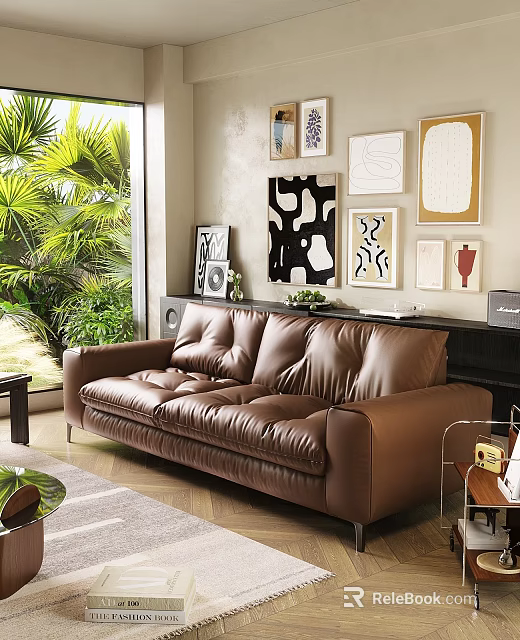 Brown Leather Three Seater Sofa With Wall Art Greenery And Wooden Floor In Living Room 3d model 
