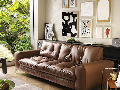 Brown Leather Three Seater Sofa With Wall Art Greenery And Wooden Floor In Living Room 3d model