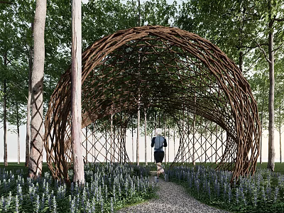 Arch Shaped Woven Branch Pergola with Trees Purple Flowers and People Running on Path 3d model