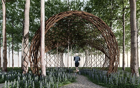 Special-shaped landscape gallery frame picking garden bamboo weaving long gallery pavilion structure ecological village 3d model