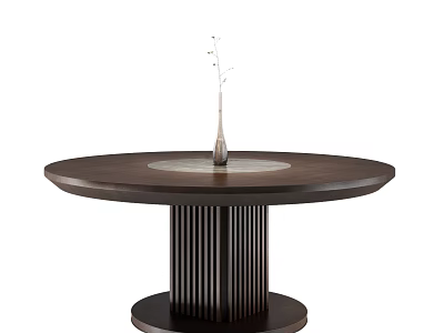 Modern Round Dark Wooden Dining Table With Light Colored Center Fluted Pedestal And Vase Decor 3d model