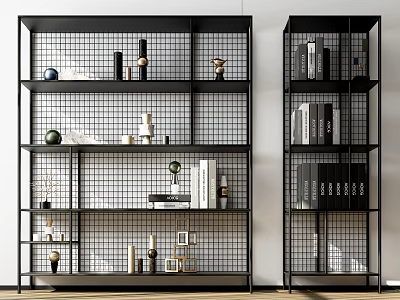 Black Grid Bookcases With Books Decorative Items And Vases In Modern Interior 3d model