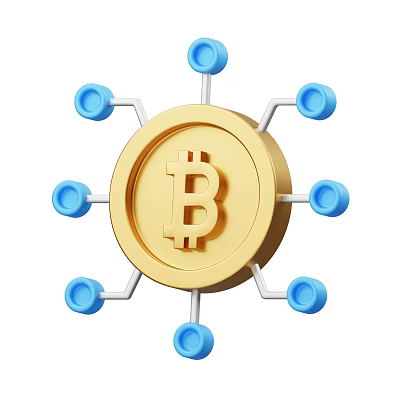 Ornament Decoration Set Featuring Gold Bitcoin Symbol Circular Design And Blue Connecting Nodes 3d model