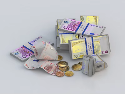 Artistic Decorative Ornament Set with Stacked 200 Euro Banknotes and Coins 3d model