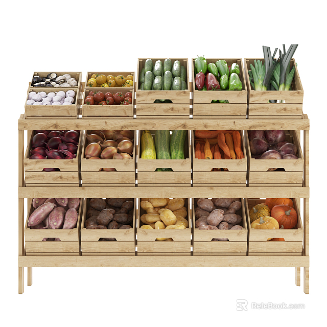 Display Shelf Featuring Wooden Crates with Fresh Vegetables Like Cucumbers Potatoes and Onions 3d model 