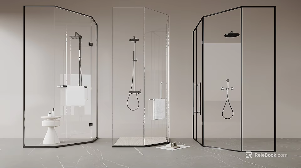 Shower Sauna Modern Design With Three Transparent Glass Enclosures And Shower Heads 3d model 