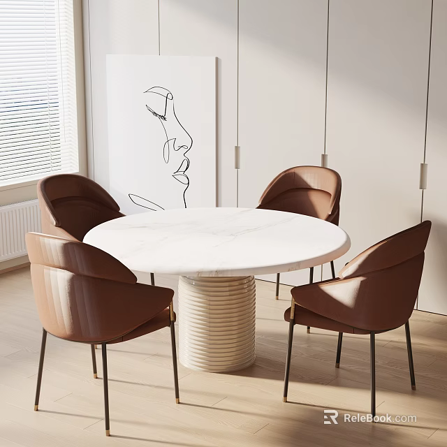 Modern Round Dining Table Set With White Marble Top And Four Brown Chairs In Modern Room 3d model 