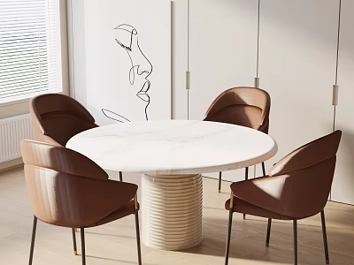 Modern Round Dining Table Set With White Marble Top And Four Brown Chairs In Modern Room 3d model