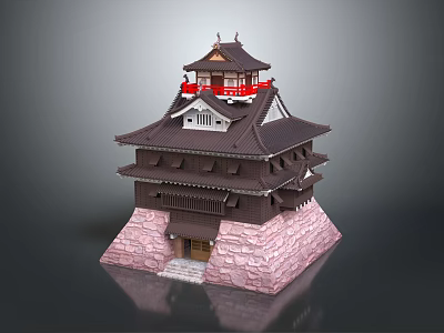 Cartoon Castle Scene With Multi Tiered Dark Roof Pink Stone Base And Red Top Decorations 3d model