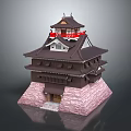 Cartoon Castle Scene With Multi Tiered Dark Roof Pink Stone Base And Red Top Decorations