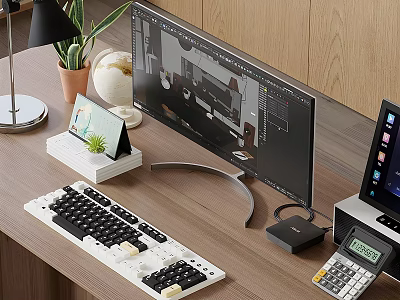 Ergonomic Computer Workstation With Monitor Keyboard Desk Lamp Potted Plant And Globe 3d model