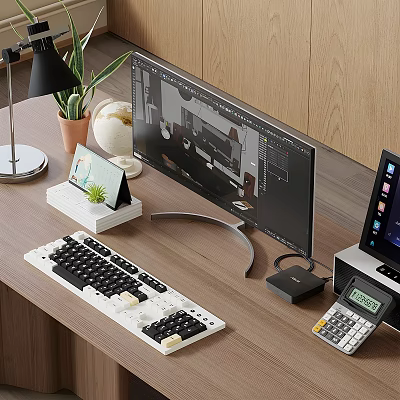 Ergonomic Computer Workstation With Monitor Keyboard Desk Lamp Potted Plant And Globe 3d model