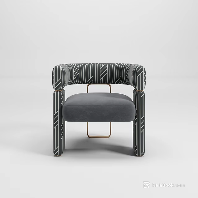 Modern Leisure Chair with Black White Striped Armrests Gray Velvet Cushion Gold Metal Frame 3d model 