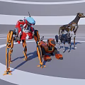 Various Robotic Dogs With Red Orange Black Gold Designs On Gray Floor White Circular Lines