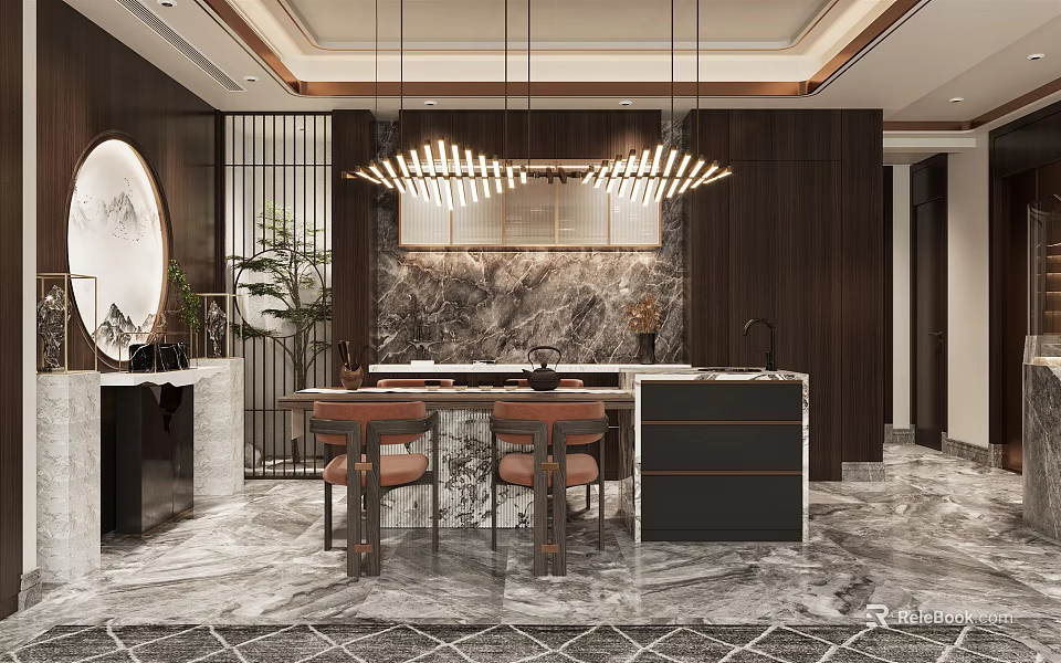 Restaurant Interior with Hanging Linear Chandeliers Marble Feature Wall Bar Counter and Wooden Stools 3d model 