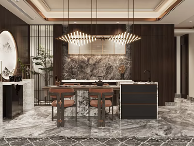 Restaurant Interior with Hanging Linear Chandeliers Marble Feature Wall Bar Counter and Wooden Stools 3d model