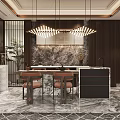 Restaurant Interior with Hanging Linear Chandeliers Marble Feature Wall Bar Counter and Wooden Stools