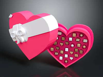 Open Pink Heart Shaped Box Filled With Small Square And Heart Shaped Chocolates 3d model