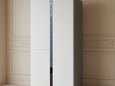 White Upright Refrigerator Freezer In Modern Kitchen Interior With Light Walls And Decorative Moldings 3d model
