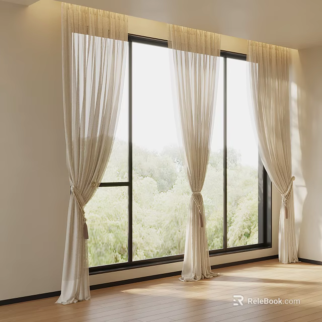 Light Sheer White Curtains By Large Windows With Green Trees View 3d model 