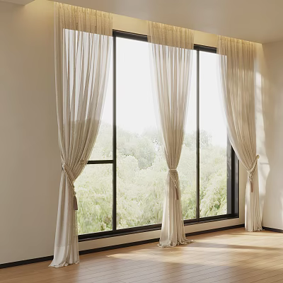 Light Sheer White Curtains By Large Windows With Green Trees View 3d model
