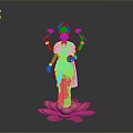 Four Armed Goddess Sculpture Carving Holding Lotus Flowers In Traditional Attire Standing On Lotus Pedestal