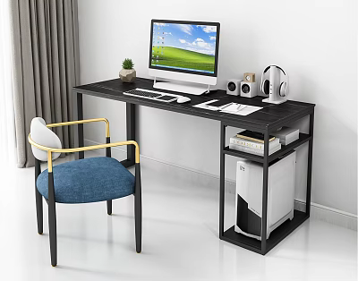 Modern Black Desk With Computer Monitor Headphones Speakers And Blue Chair 3d model