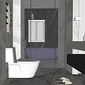 Modern Bathroom Interior Design With Glass Shower Marble Walls Vanity Toilet And Window Blinds